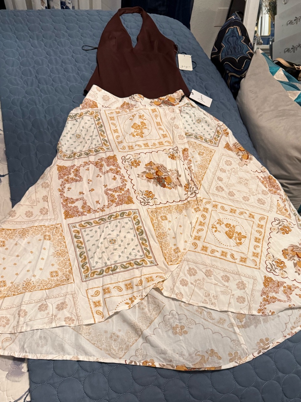 Floral Bandana Print Maxi Skirt in Cream and Brown with halter top / bodysuit